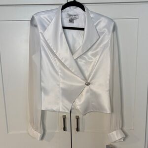 Adrianna Papell White Satin Blazer with sheer arms and jewel button